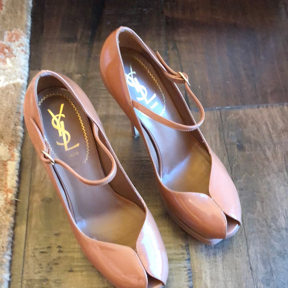YSL Toffee Brown Peep Toe Platform Heels Sz 38.5